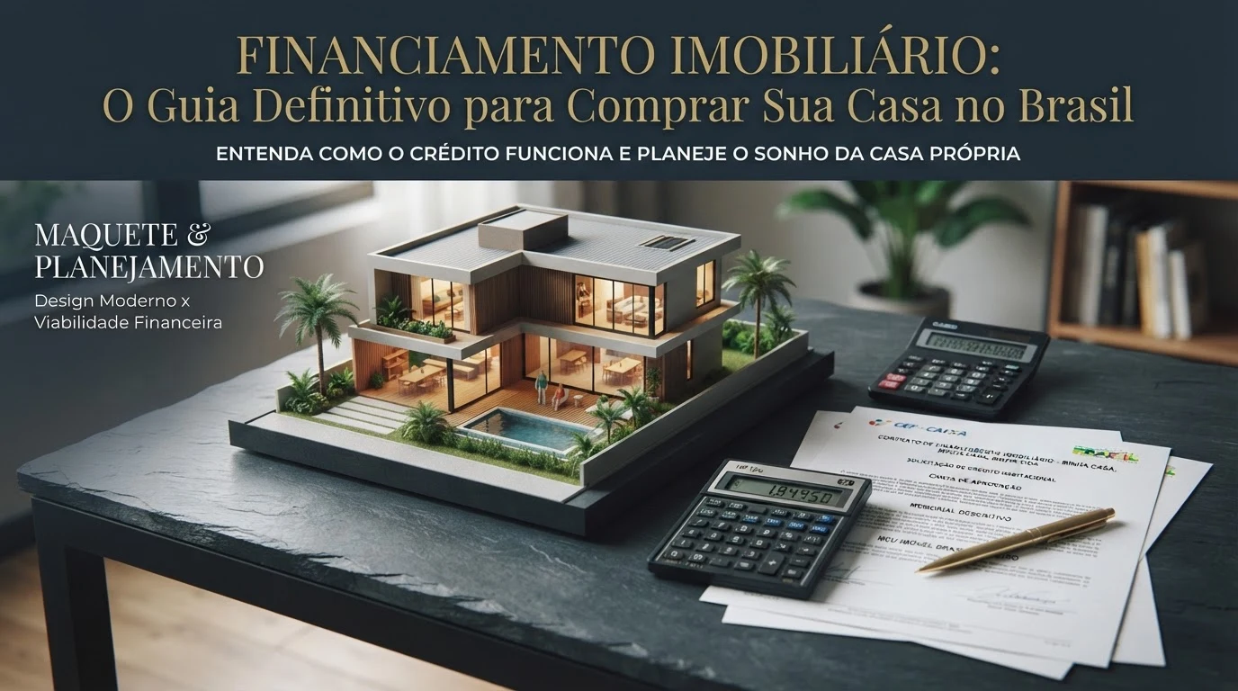Maquete de casa sobre mesa com documentos de crédito habitacional e calculadora financeira