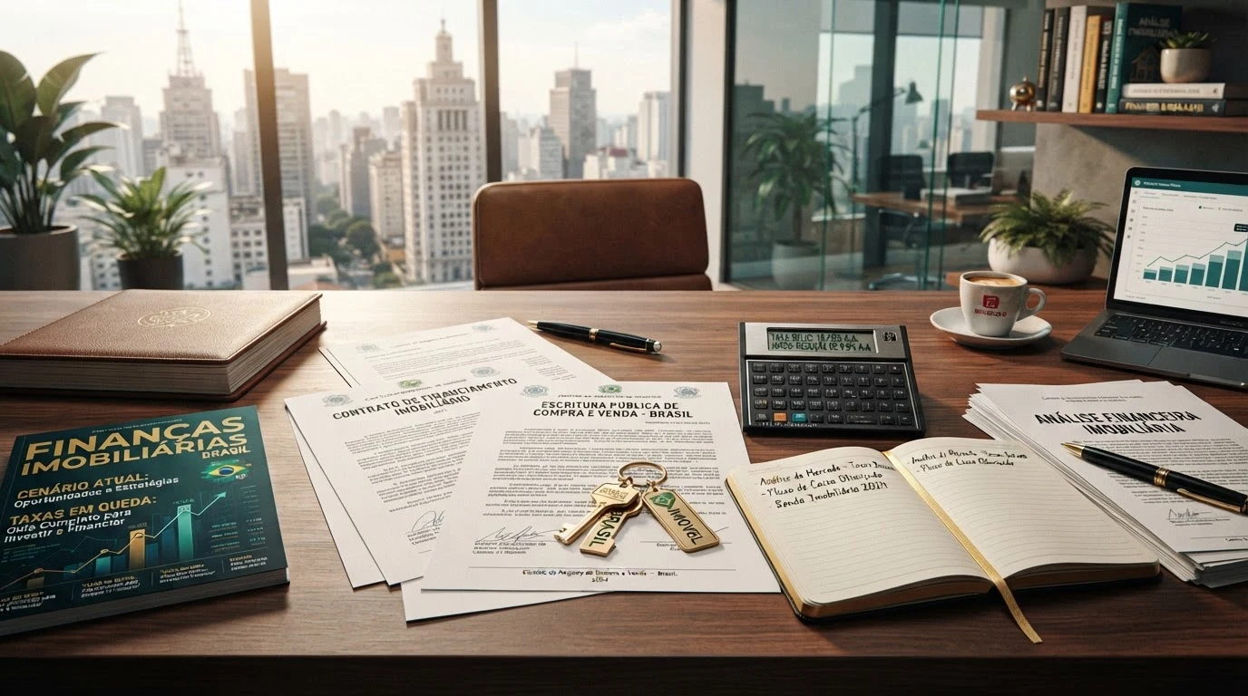 Contratos de financiamento imobiliário e calculadora financeira sobre mesa executiva representando portabilidade de crédito
