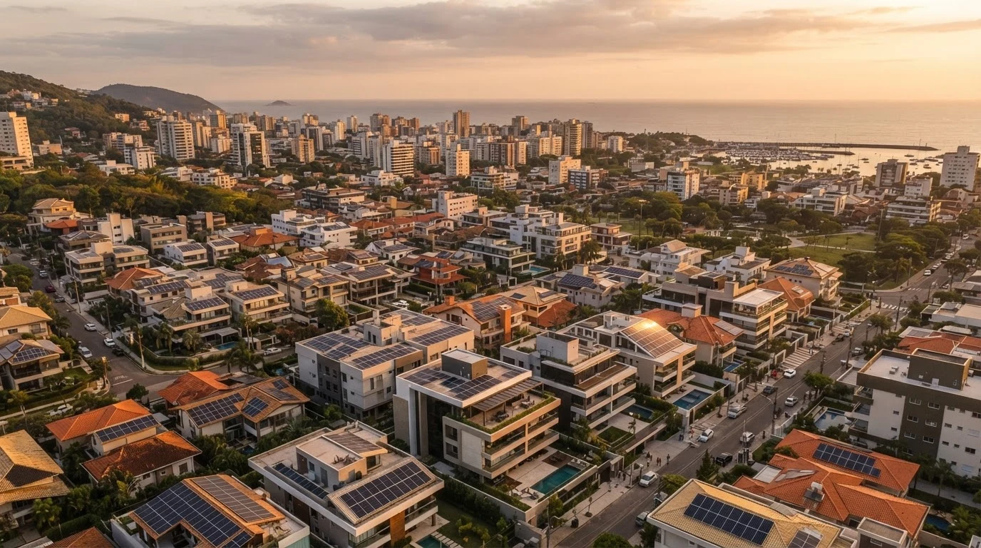 Painéis solares fotovoltaicos em telhados residenciais e comerciais ao entardecer simbolizando investimento financeiro sustentável
