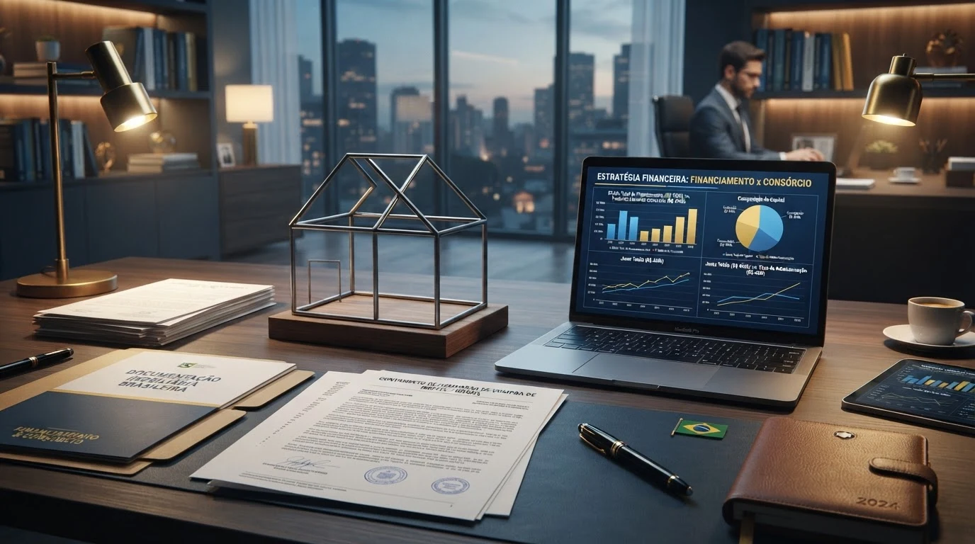 Documentos de simulação financeira de consórcio e financiamento imobiliário sobre mesa executiva com maquete de imóvel