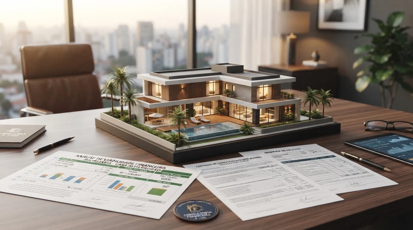 Maquete de casa contemporânea sobre planilha de cálculos financeiros de amortização