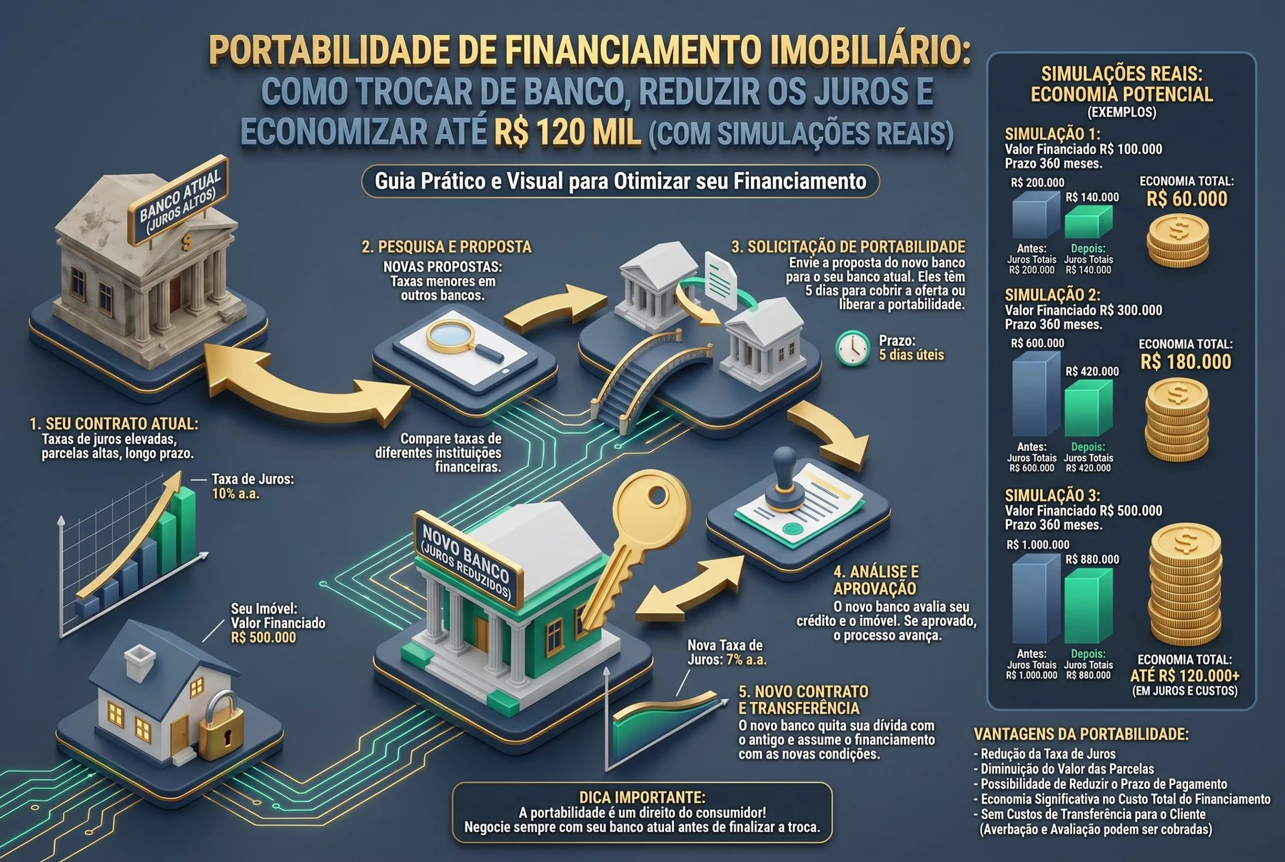 Gráfico 3D comparativo demonstrando a curva de economia de juros após a portabilidade bancária
