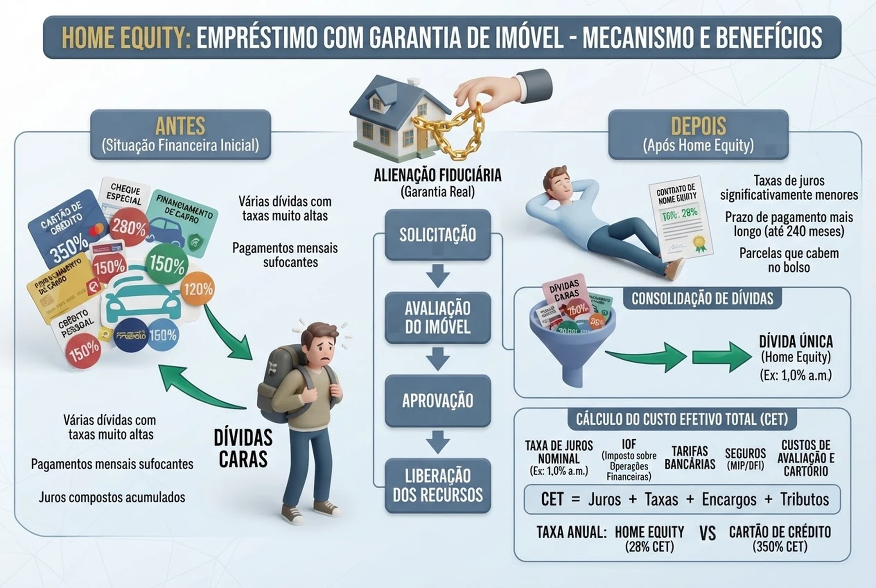 Infográfico 3D de consolidação de dívidas demonstrando a unificação de múltiplos passivos caros em uma linha de Home Equity