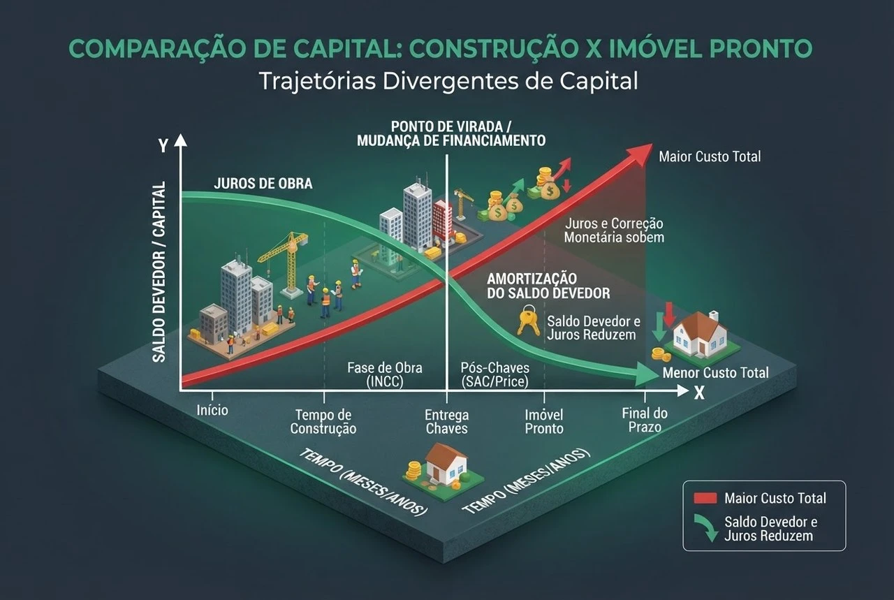 Infográfico 3D comparativo demonstrando a curva de aumento da dívida pelo INCC contra a curva de amortização de um imóvel pronto