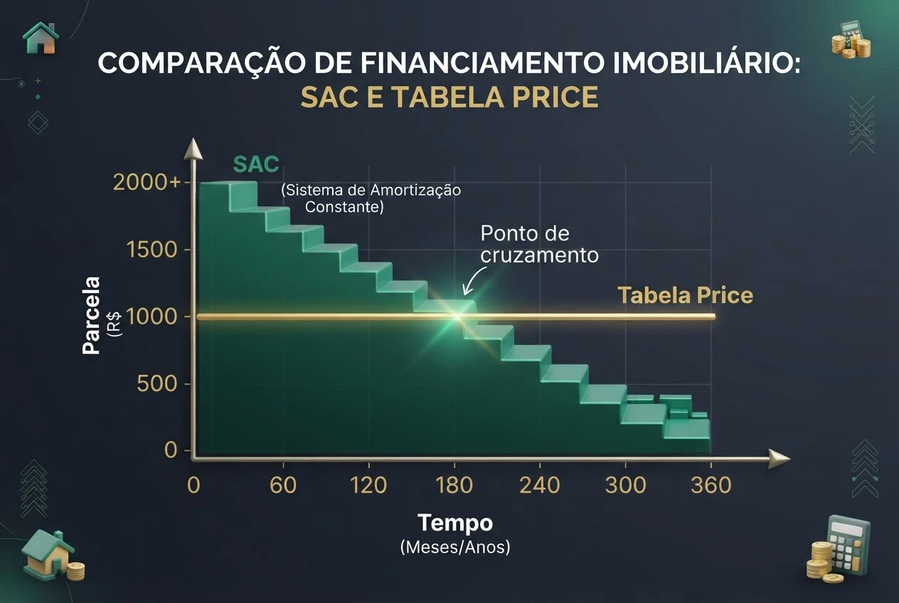 Gráfico 3D comparativo demonstrando o ponto de cruzamento entre a curva do SAC e da Tabela Price