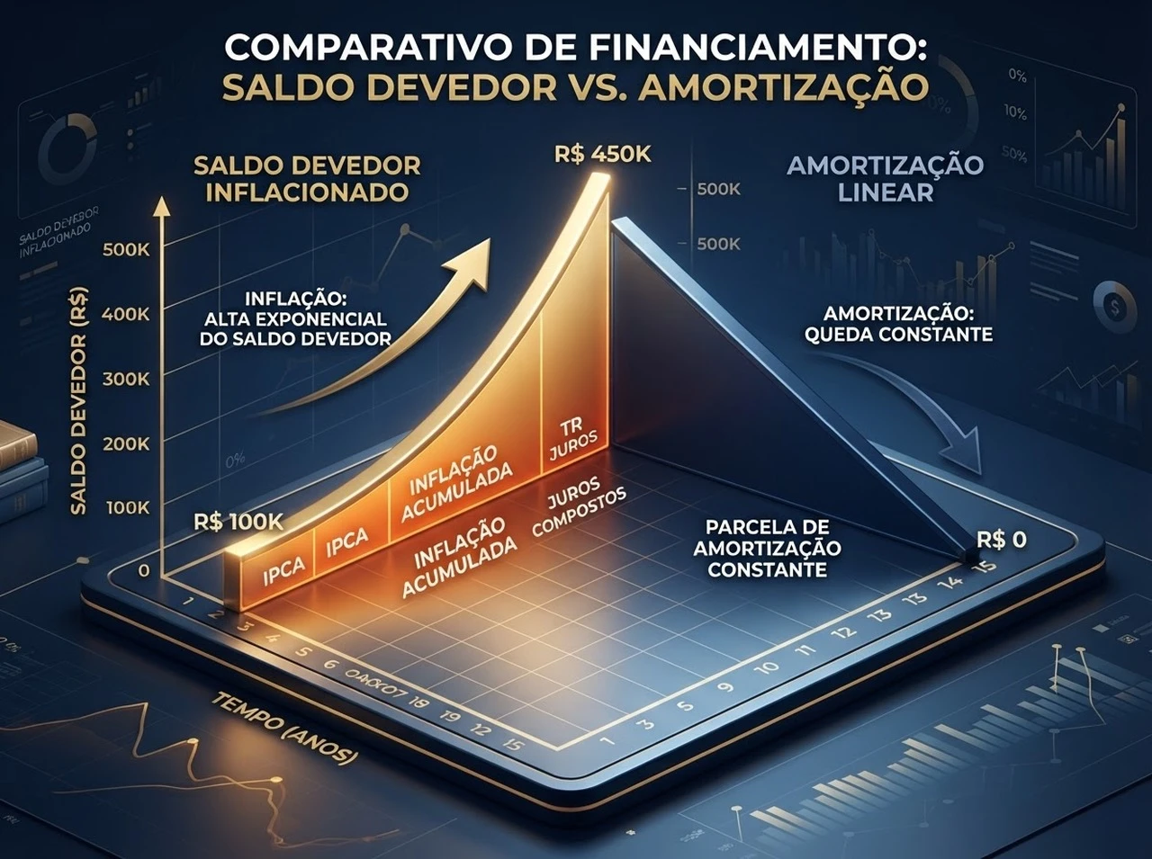 Gráfico tridimensional comparando a curva de amortização linear pela TR contra o crescimento do saldo devedor pelo IPCA
