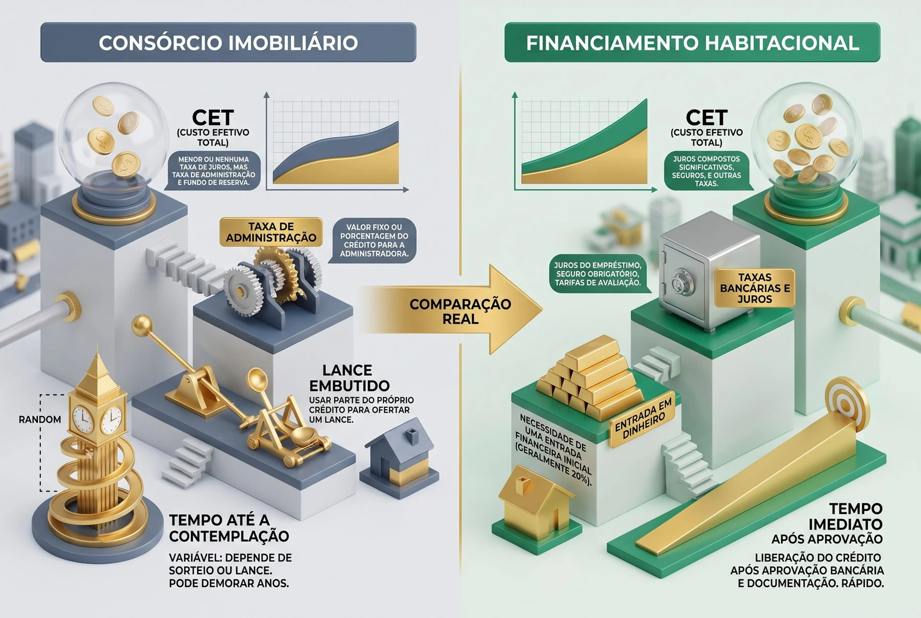 Infográfico 3D comparativo do custo efetivo total entre consórcio imobiliário e financiamento habitacional