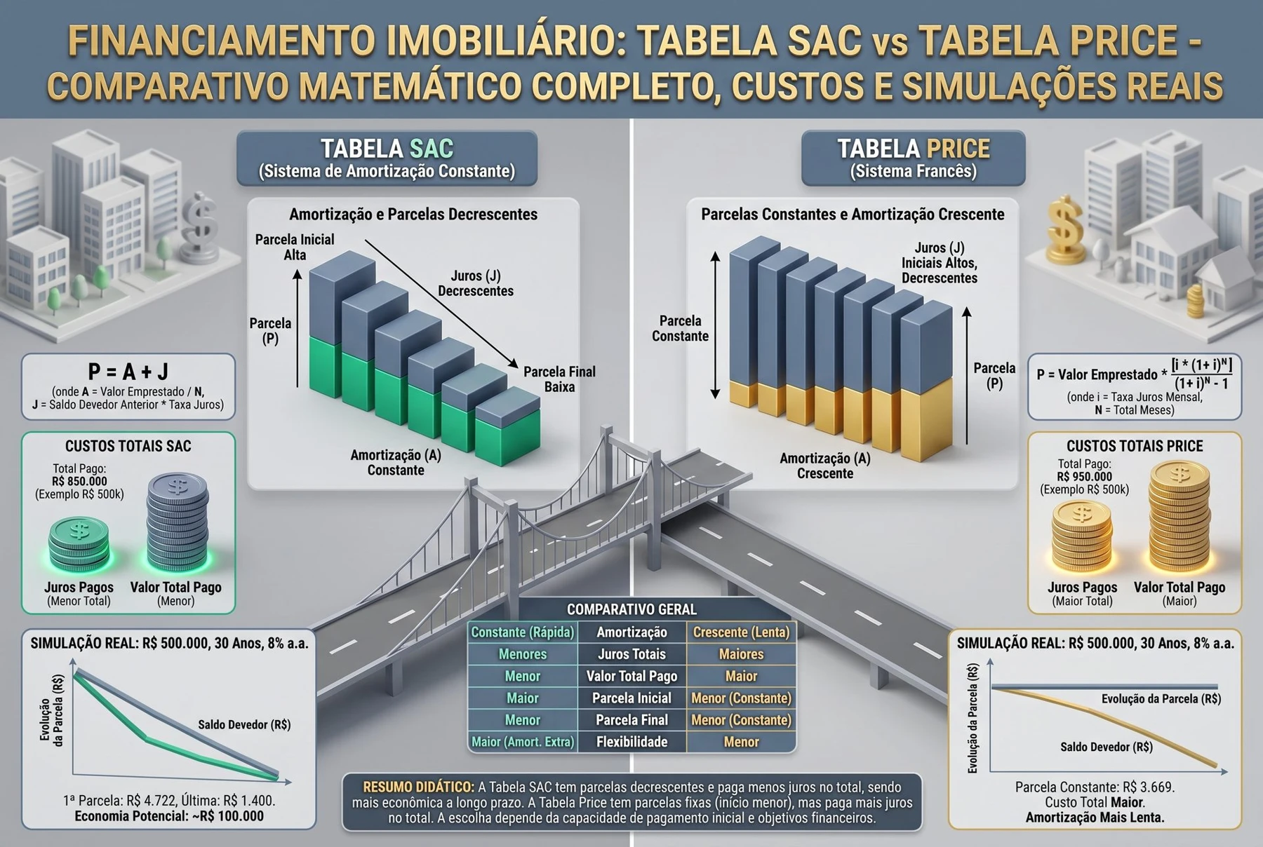 Gráfico comparativo da evolução das parcelas e saldo devedor entre os sistemas SAC e Price